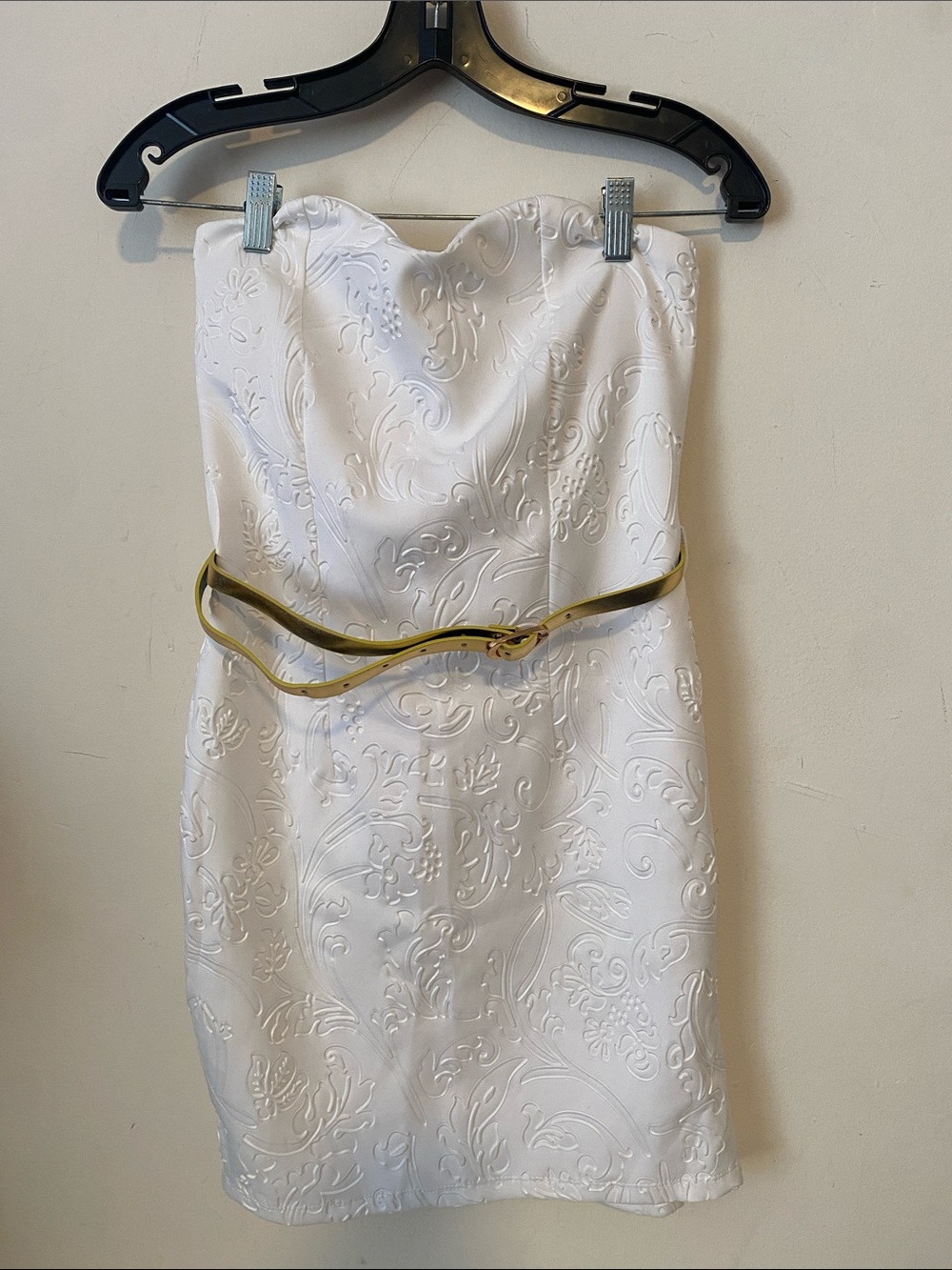 Strapless White Embossed Sheath Dress with Gold Belt